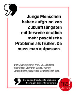 Laut dem Glücksforscher Prof. Dr. Karlheinz Ruckriegel sind junge und ältere Menschen glücklicher als die, die in der Mitte des Lebens stehen. 🌞 Doch es gibt eine besorgniserregende Entwicklung: Jugendlichen geht es seit einigen Jahren psychisch deutlich schlechter. 😔 Warum genau, das erfährst du morgen in der neuen Freistunde.

#glück #psyche #glücksforschung #zukunftsängste #jugendliche