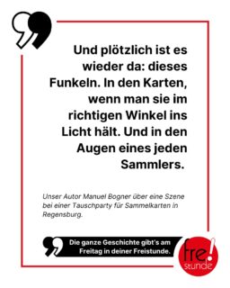 In der Freistunde geht es diese Woche um das Hobby Sammelkarten, das facettenreicher ist, als viele annehmen: Manche schweben in Nostalgie, wenn sie an die Tauschgeschäfte auf dem Pausenhof denken. 💭 Andere spielen mit ihnen in spannenden Turnieren, sammeln sie mit besonders spezifischen Zielen oder sehen sie sogar als Investitionsmöglichkeit, mit der sich viel Geld verdienen lässt. 💰 Wie passt das alles zusammen? Das versuchen wir in dieser Ausgabe herauszufinden.

#pokémon #pokemon #tcg #mtg #mtgcommunity #yugioh #regensburg #karten #sammelkarten #zeitung #freistunde
