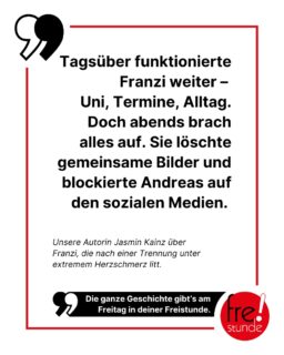 Wenn die Trennung alles lahm legt: Nachdem Franzis Ex-Freund den Schlussstrich gezogen hat, kämpfte die junge Frau mit besonders schwerem Liebeskummer. 💔 In der Freistunde geht es diese Woche darum, wie sie sich aus diesem Loch gekämpft und den Abschied von ihrer ersten großen Liebe verkraftet hat. ❤️

#liebe #love #breakup #herzschmerz #trennung #socialmedia #alltag #alltagsgeschichten #zeitung #freistunde