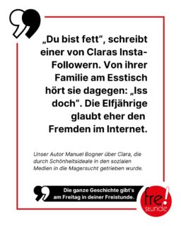 🚨Inhalts-Warnung: Magersucht und Diskriminierung.🚨

Schönheitstrends in den sozialen Medien können gefährlich sein. So wurde bei Clara (Name von der Redaktion geändert) mit 11 Jahren eine Anorexie, also Magersucht, diagnostiziert. Heute sagt die 22-Jährige aus Niederbayern, dass die sozialen Medien dabei eine große Rolle gespielt haben und heutige Trends wie Skinnytok noch gefährlicher wirken.❗Währenddessen steigt auch der Schönheitsdruck auf Männer: Unter anderem durch Looksmaxxing, einer Szene, bei der Männer auch unerreichbaren Idealen hinterherjagen. In der Freistunde am Freitag beleuchten wir beide Trends.

#looksmaxxing #magersucht #zeitung #freistunde