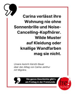 Carina leidet seit sechs Jahren an Migräne-Attacken. Um ihre Erkrankung beherrschbarer zu machen, trifft sie in ihrem Alltag Vorsichtsmaßnahmen wie diese. Die ganze Geschichte der 26-Jährigen liest du am Freitag in der neuen Freistunde. 🧠📰

#migräne #kopf #kopfweh #kopfschmerz #gesundheit