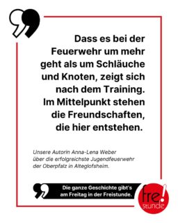 Ende Mai gewann die Nachwuchsgruppe der @feuerwehr_alteglofsheim den Bezirksentscheid und ist nun die beste Jugendfeuerwehr der Oberpfalz. Was sie so erfolgreich macht und warum Feuerwehren bei Jugendlichen so beliebt sind, liest du am Freitag in der neuen Freistunde. 🚒 📰
#ffw #jugendfeuerwehr #ehrenamt
