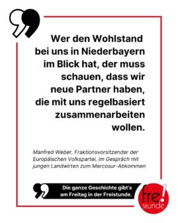 Billiges Fleisch und günstiger Zucker: Junge Bauern der Straubinger Landwirtschaftsschule befürchten durch das Mercosur-Abkommen mehr Konkurrenz und sinkende Preise. Die Freistunde hat vor Kurzem einen Austausch mit EU-Politiker Manfred Weber organisiert, der das Freihandelsabkommen verteidigt. Am Freitag erfährst du, wie das Gespräch gelaufen ist.

#eu #mercosur #handel #freihandel #manfredweber