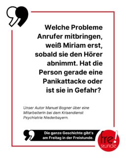 Menschen, die nicht mehr weiter wissen, können sich beim Krisendienst Psychiatrie Bayern anrufen: 24/7 sitzen hier in ganz Bayern Psychologen und beraten bei Panikattacken, Trauer, Herzschmerz 💔 und psychischen Problemen. Wir durften einer Mitarbeiterin über die Schulter schauen. Mehr dazu am Freitag in der Freistunde! 😊

#mentalhealth #psychologie #krisen #hilfe #mentalegesundheit #anruf #hilfetelefon #zeitung #freistunde
